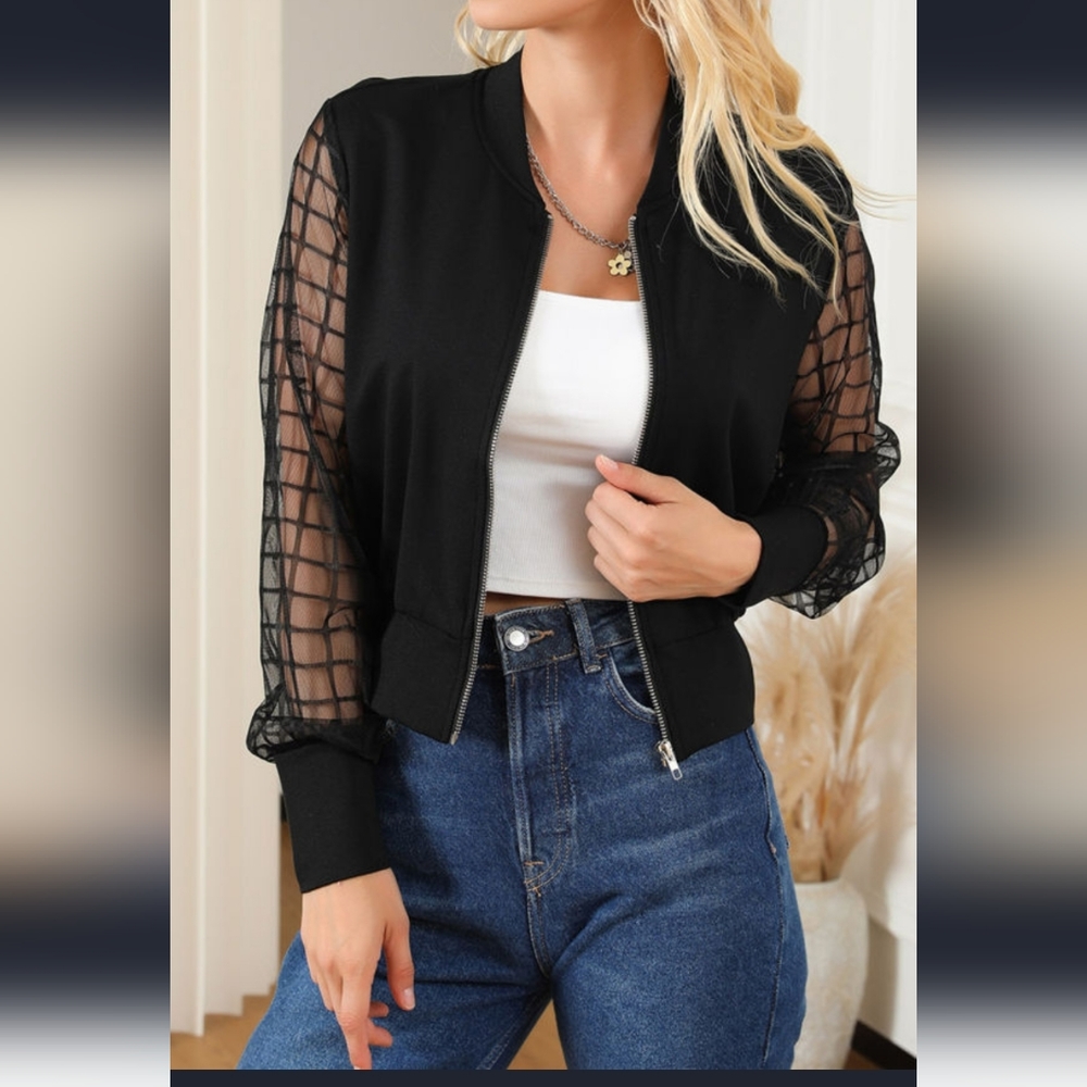 New Black lattice mesh sleeve zip up jacket